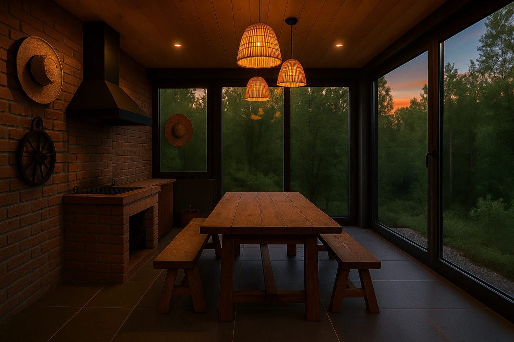 Quincho cerrado con ventanas termopanel de PVC en espacio exterior moderno