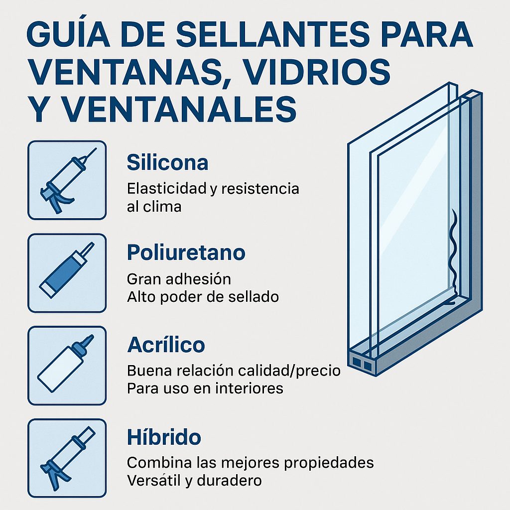 Infografía en español que explica los distintos tipos de sellantes para vidrios, ventanas y ventanales, con ilustraciones técnicas y fondo gris claro.