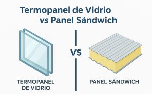 Comparación visual entre termopanel de vidrio y panel sándwich para cámaras de frío, destacando sus diferencias estructurales y térmicas.