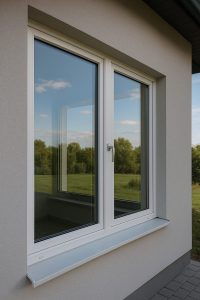 Ventana de termopanel de PVC instalada en casa moderna, vista exterior con cielo despejado