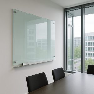 Pizarra de vidrio templado en oficina moderna con ventanas de termopanel y mobiliario minimalista.