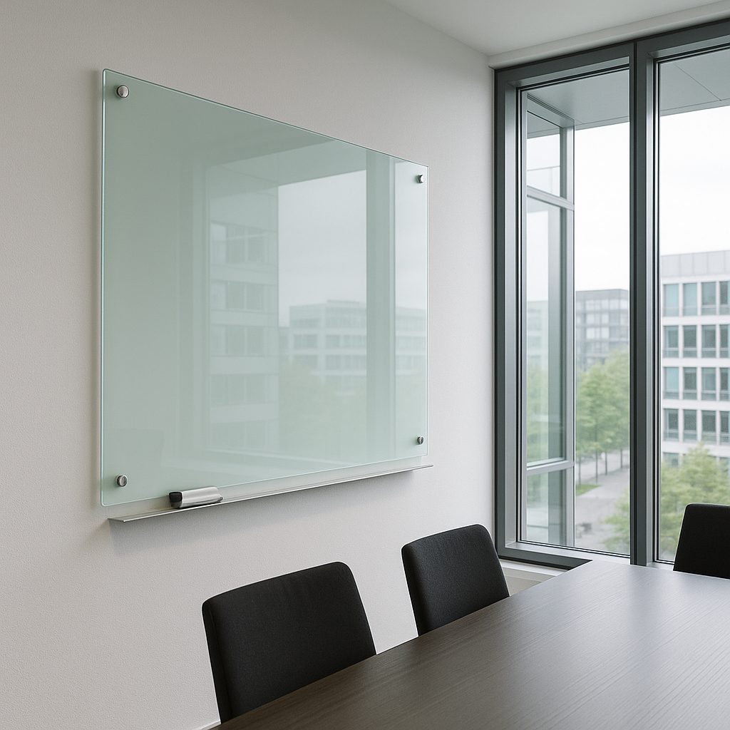 Pizarra de vidrio templado en oficina moderna con ventanas de termopanel y mobiliario minimalista.