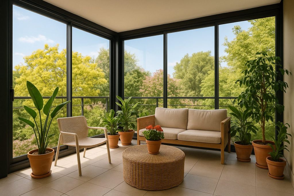 Terraza moderna cerrada con vidrio templado, decorada con plantas de interior y luz natural de primavera