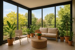 Terraza moderna cerrada con vidrio templado, decorada con plantas de interior y luz natural de primavera