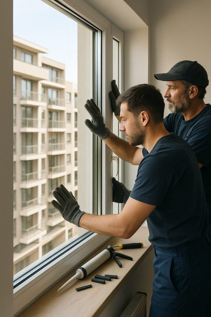 Instalación de termopanel en ventana existente de departamento; técnicos ajustando el vidrio doble con junquillos y aplicación de sellante, luz natural estilo arquitectónico.