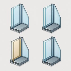 Comparación visual de distintos tipos de termopaneles para ventanas, mostrando variaciones de vidrios, cámaras y niveles de aislamiento térmico.