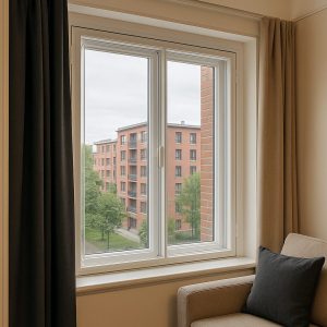 Ventana residencial con panel acrílico y cortinas gruesas para reducir el ruido exterior en una casa urbana.