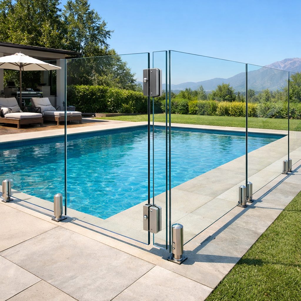 Cerramiento perimetral de piscina en vidrio de seguridad con herrajes para exterior en patio residencial moderno, vista despejada hacia el agua.