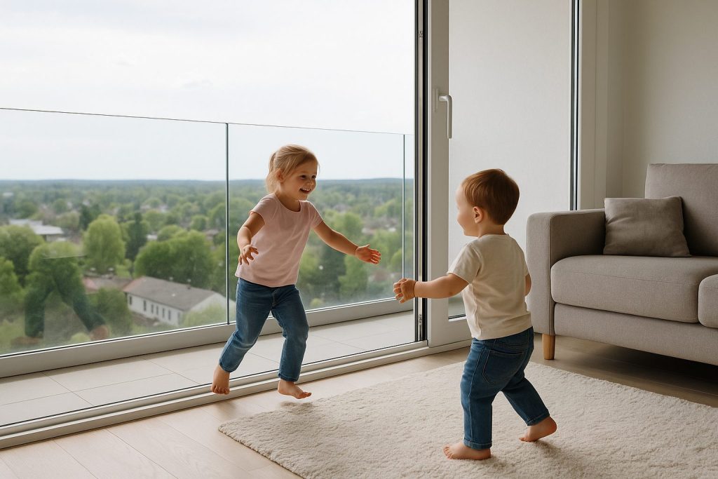 Baranda de vidrio segura en balcón de departamento, con niños jugando dentro del living y vista despejada al exterior.