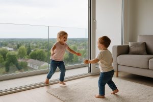 Baranda de vidrio segura en balcón de departamento, con niños jugando dentro del living y vista despejada al exterior.