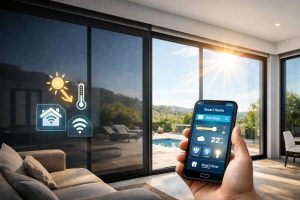 Termopanel inteligente con vidrio electrocrómico adaptándose al sol en vivienda moderna