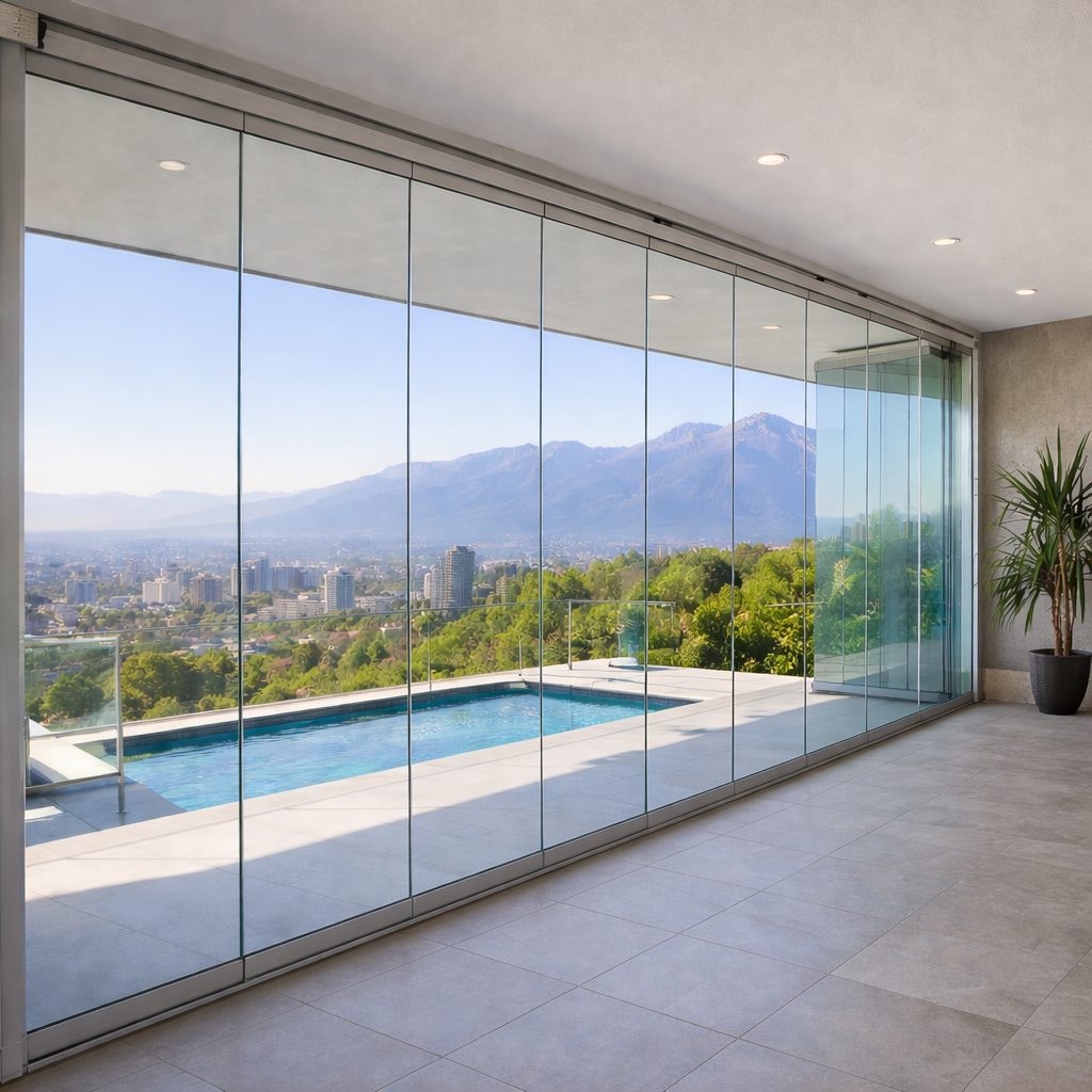 Cortinas de vidrio plegables instaladas en terraza moderna con vista panorámica y cierre sin perfiles verticales