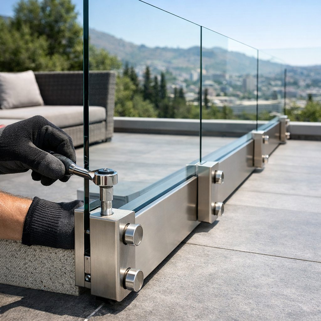 Instalación profesional de baranda de vidrio templado en terraza moderna con sistema de anclaje lateral
