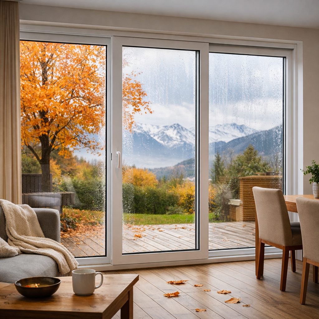 Ventanas de termopanel instaladas en casa moderna durante otoño en Chile, mostrando aislamiento térmico y diseño eficiente
