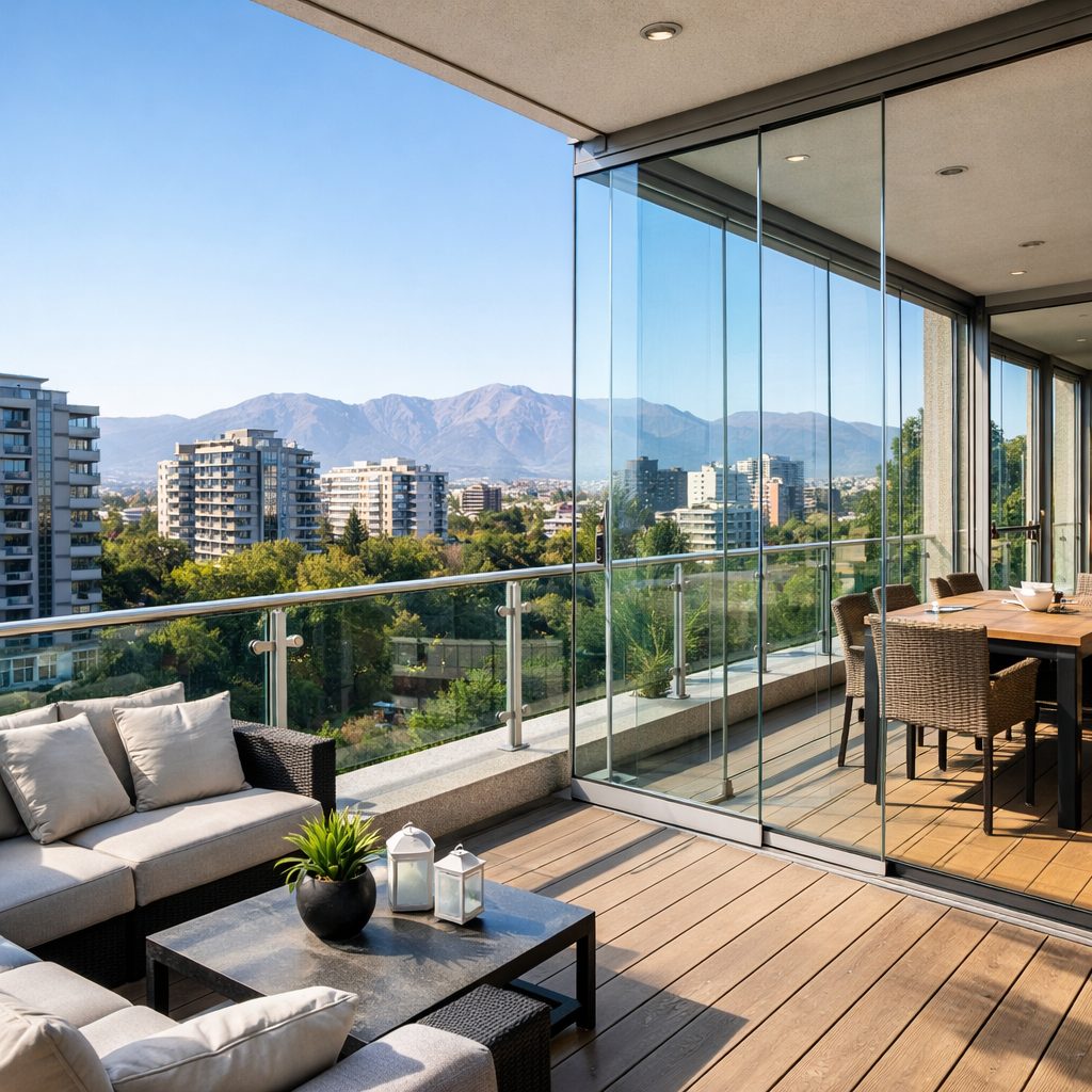 Instalación de vidrios templados en terraza moderna de departamento en Santiago con barandas y cerramiento de vidrio.