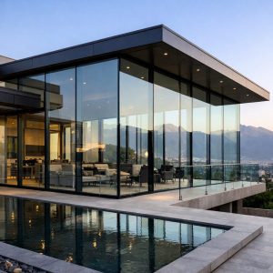 Fachada moderna con grandes superficies de vidrio en arquitectura chilena contemporánea