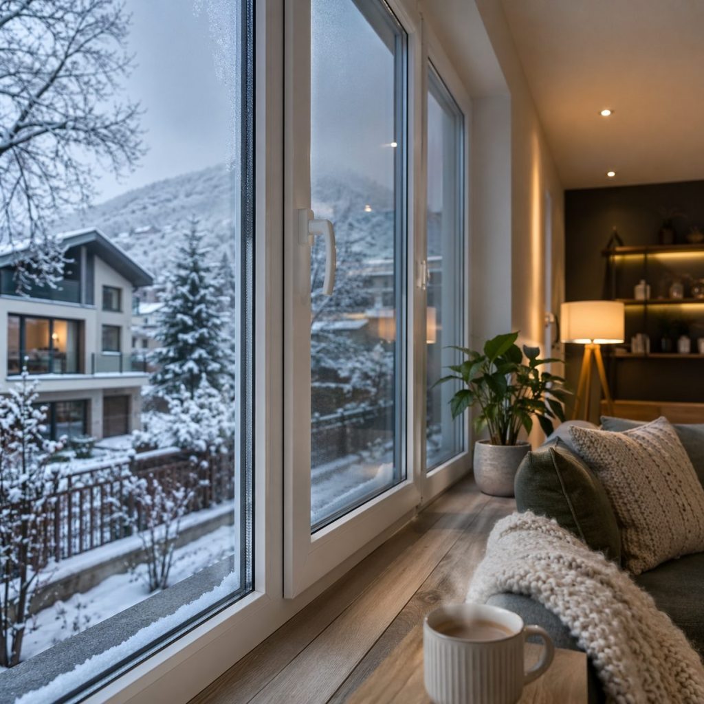 Ventanas de termopanel con marcos de PVC en casa moderna durante invierno en Chile, mostrando eficiencia térmica