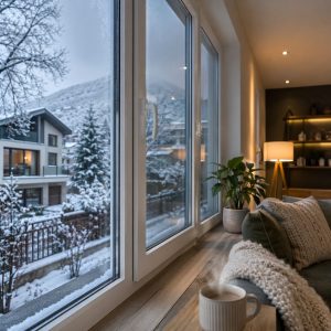 Ventanas de termopanel con marcos de PVC en casa moderna durante invierno en Chile, mostrando eficiencia térmica