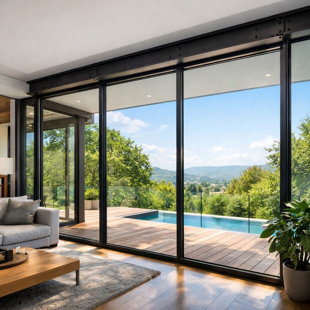 Ventanales grandes con termopanel instalados en casa moderna con refuerzo estructural y alta entrada de luz natural