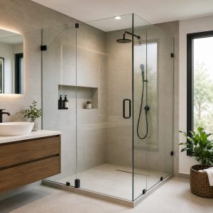 Ducha moderna con vidrio templado transparente y herrajes minimalistas en baño residencial contemporáneo.